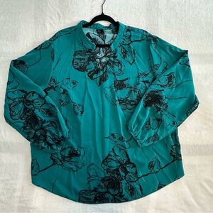 Shein Curve Teal Green Floral Notch Neck Bell Sleeve Blouse, size 3X